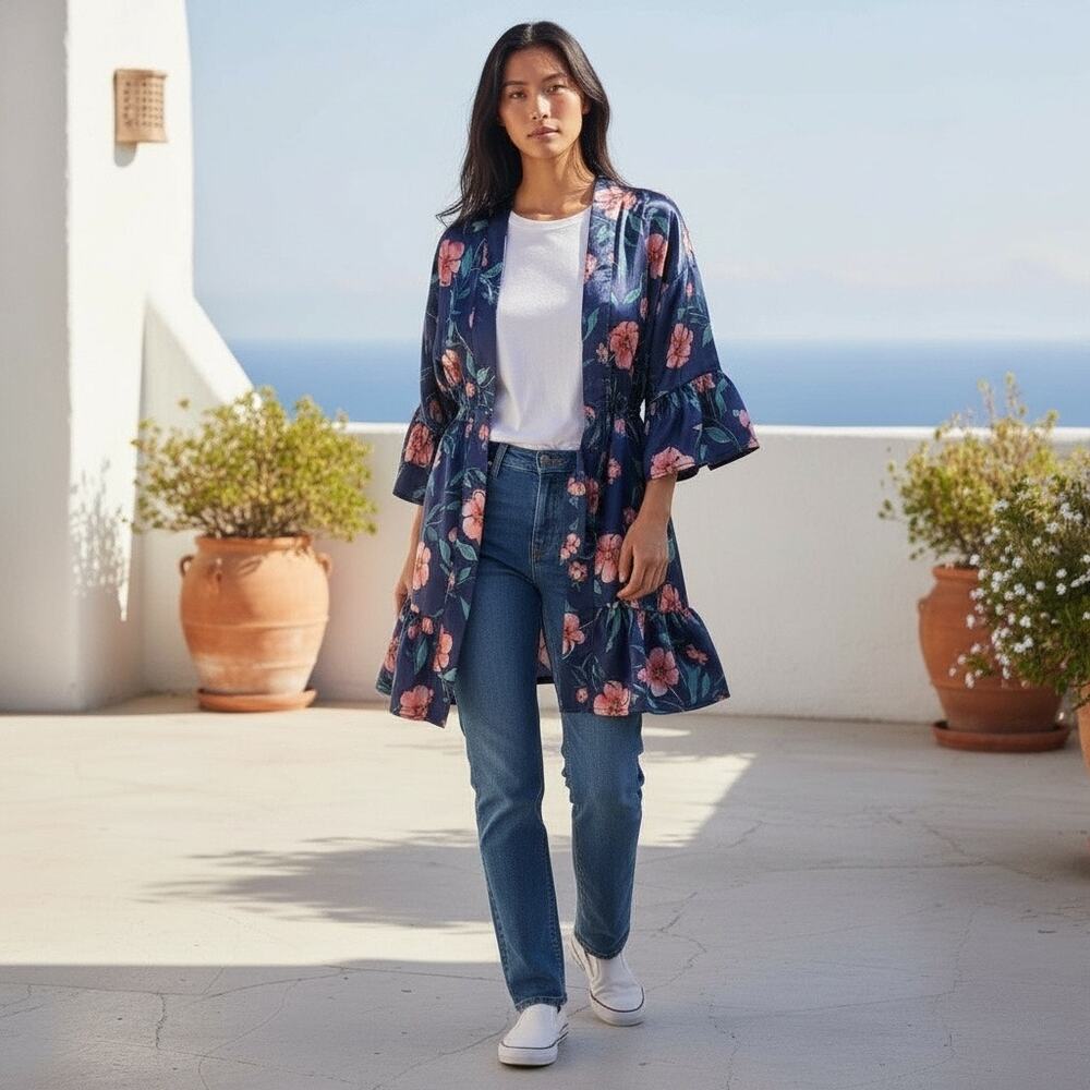Topshop Women Blue Floral Satin Belted Duster Kimono Size S